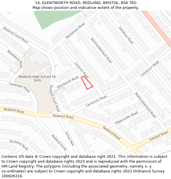14, GLENTWORTH ROAD, REDLAND, BRISTOL, BS6 7EG: Location map and indicative extent of plot