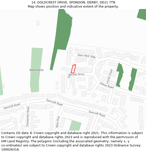 14, GOLDCREST DRIVE, SPONDON, DERBY, DE21 7TN: Location map and indicative extent of plot