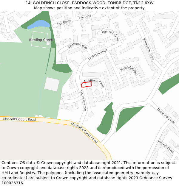 14, GOLDFINCH CLOSE, PADDOCK WOOD, TONBRIDGE, TN12 6XW: Location map and indicative extent of plot