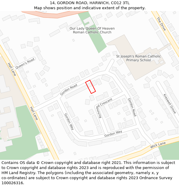 14, GORDON ROAD, HARWICH, CO12 3TL: Location map and indicative extent of plot