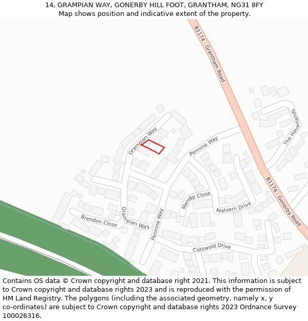 14, GRAMPIAN WAY, GONERBY HILL FOOT, GRANTHAM, NG31 8FY: Location map and indicative extent of plot