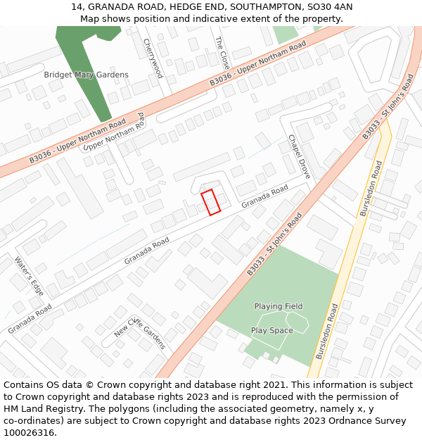14, GRANADA ROAD, HEDGE END, SOUTHAMPTON, SO30 4AN: Location map and indicative extent of plot
