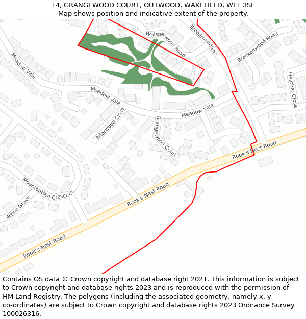 14, GRANGEWOOD COURT, OUTWOOD, WAKEFIELD, WF1 3SL: Location map and indicative extent of plot