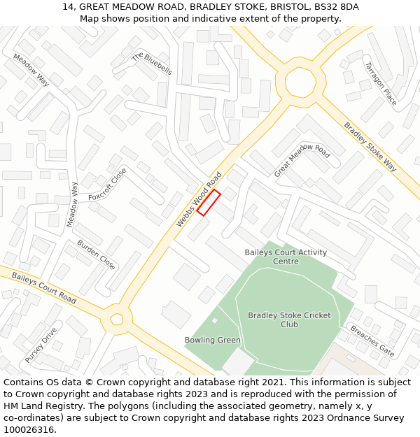 14, GREAT MEADOW ROAD, BRADLEY STOKE, BRISTOL, BS32 8DA: Location map and indicative extent of plot