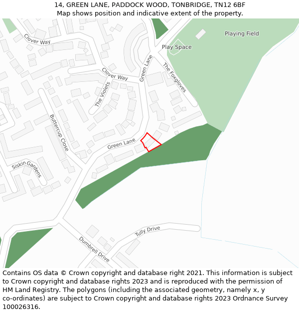 14, GREEN LANE, PADDOCK WOOD, TONBRIDGE, TN12 6BF: Location map and indicative extent of plot