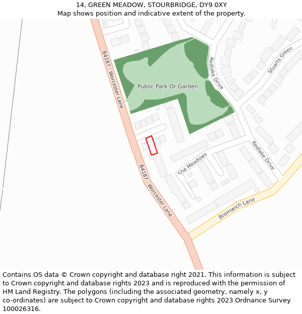 14, GREEN MEADOW, STOURBRIDGE, DY9 0XY: Location map and indicative extent of plot