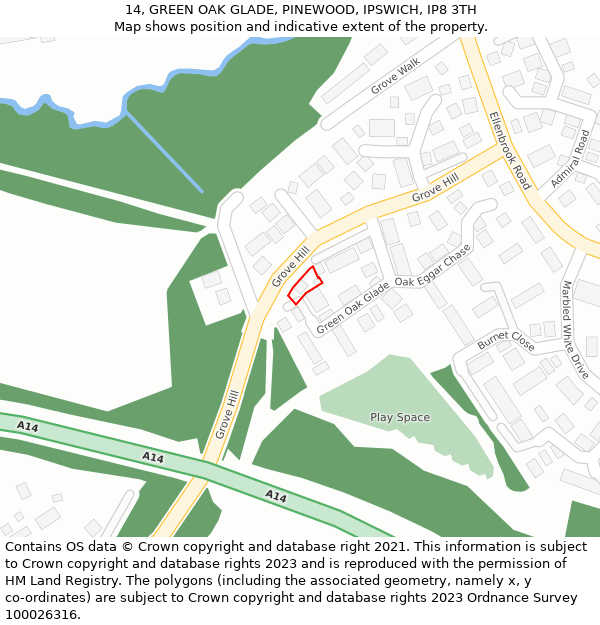 14, GREEN OAK GLADE, PINEWOOD, IPSWICH, IP8 3TH: Location map and indicative extent of plot