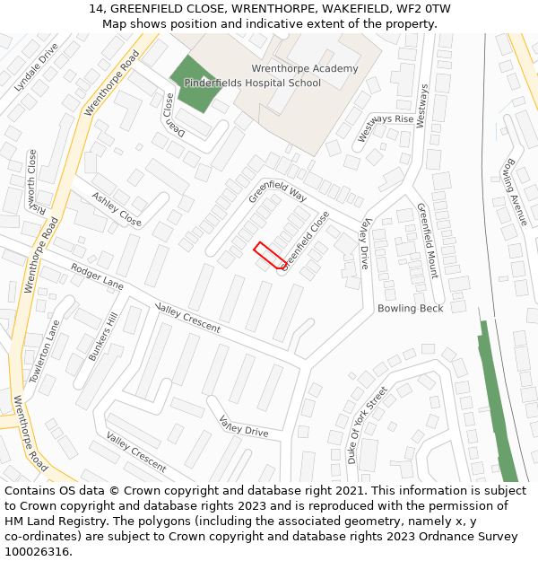 14, GREENFIELD CLOSE, WRENTHORPE, WAKEFIELD, WF2 0TW: Location map and indicative extent of plot