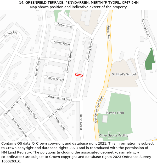 14, GREENFIELD TERRACE, PENYDARREN, MERTHYR TYDFIL, CF47 9HN: Location map and indicative extent of plot