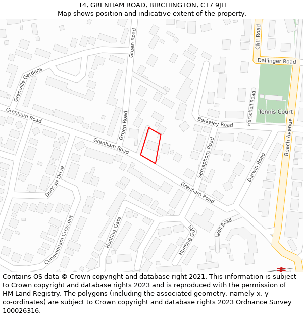 14, GRENHAM ROAD, BIRCHINGTON, CT7 9JH: Location map and indicative extent of plot