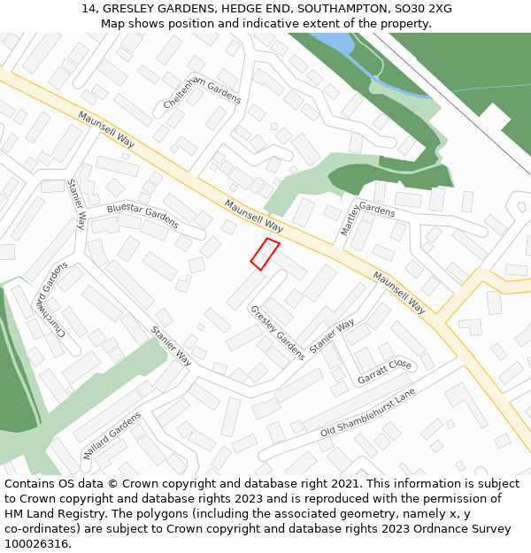 14, GRESLEY GARDENS, HEDGE END, SOUTHAMPTON, SO30 2XG: Location map and indicative extent of plot