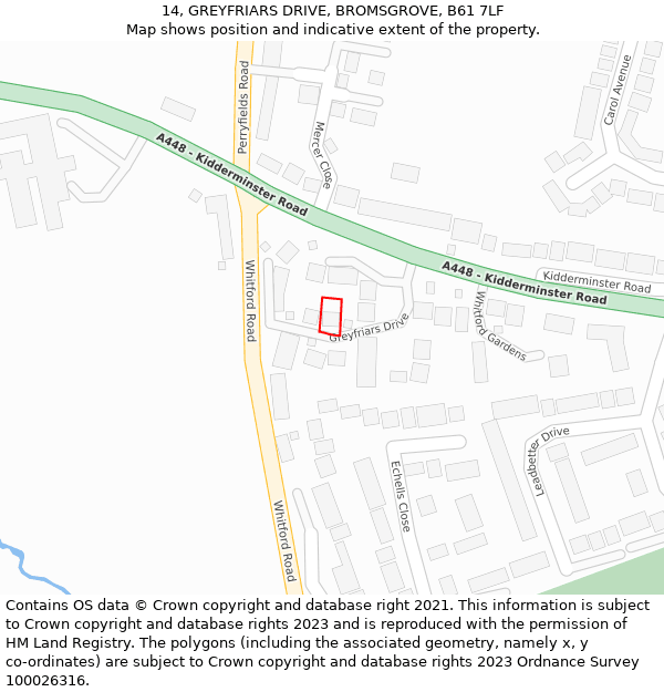 14, GREYFRIARS DRIVE, BROMSGROVE, B61 7LF: Location map and indicative extent of plot