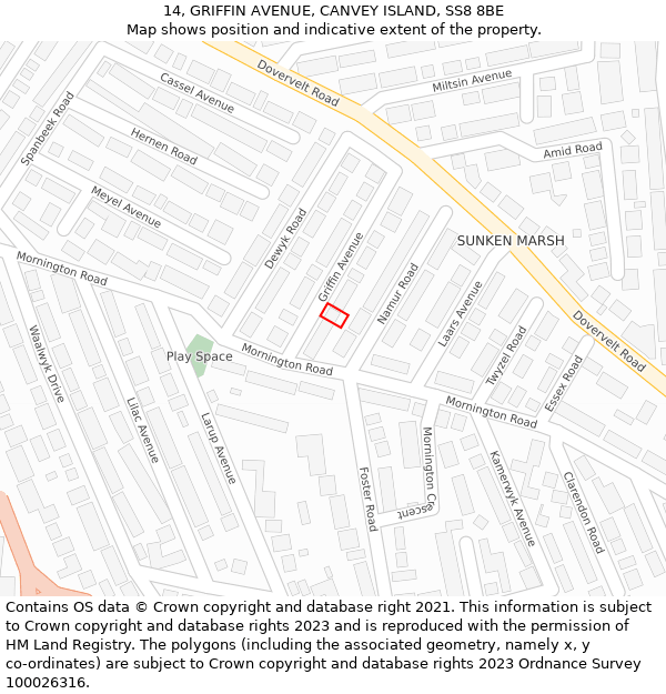 14, GRIFFIN AVENUE, CANVEY ISLAND, SS8 8BE: Location map and indicative extent of plot