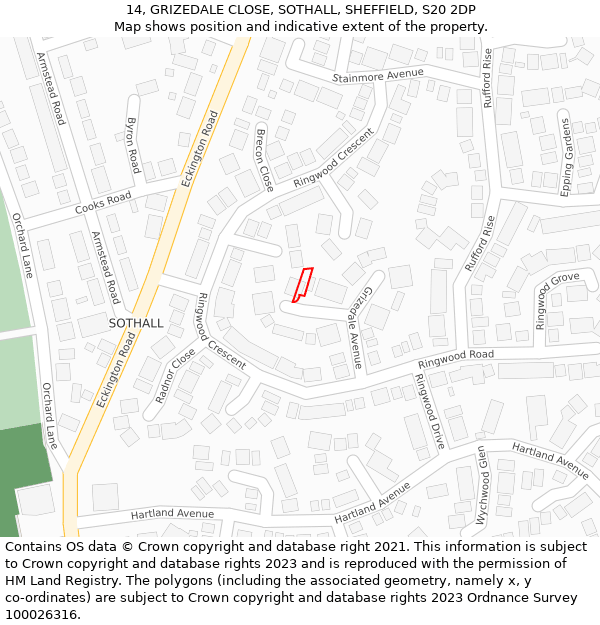 14, GRIZEDALE CLOSE, SOTHALL, SHEFFIELD, S20 2DP: Location map and indicative extent of plot