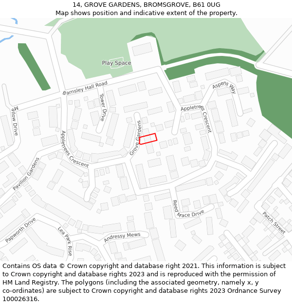 14, GROVE GARDENS, BROMSGROVE, B61 0UG: Location map and indicative extent of plot