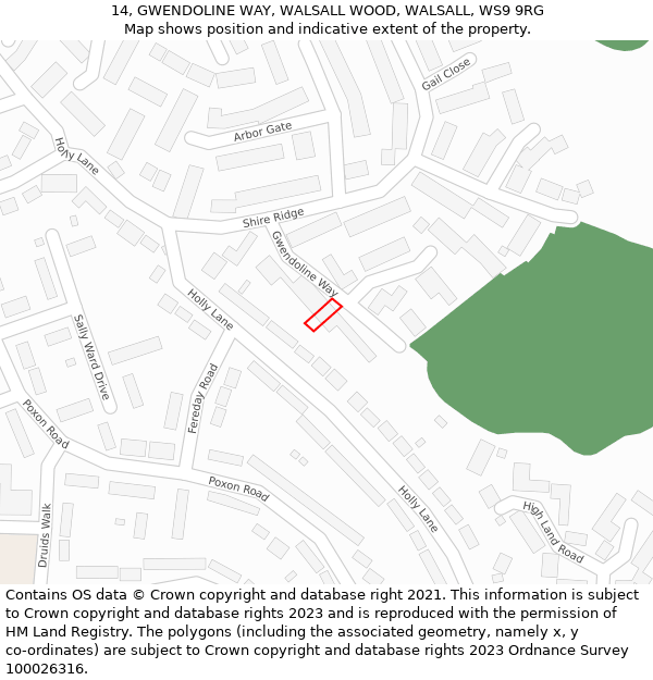 14, GWENDOLINE WAY, WALSALL WOOD, WALSALL, WS9 9RG: Location map and indicative extent of plot