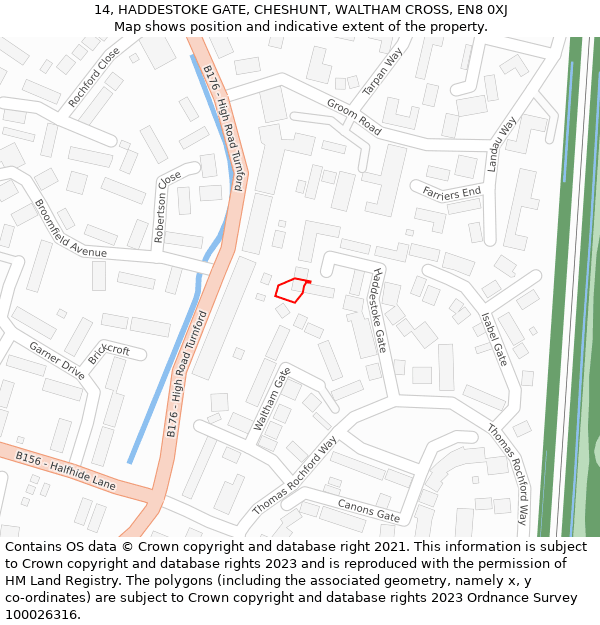 14, HADDESTOKE GATE, CHESHUNT, WALTHAM CROSS, EN8 0XJ: Location map and indicative extent of plot
