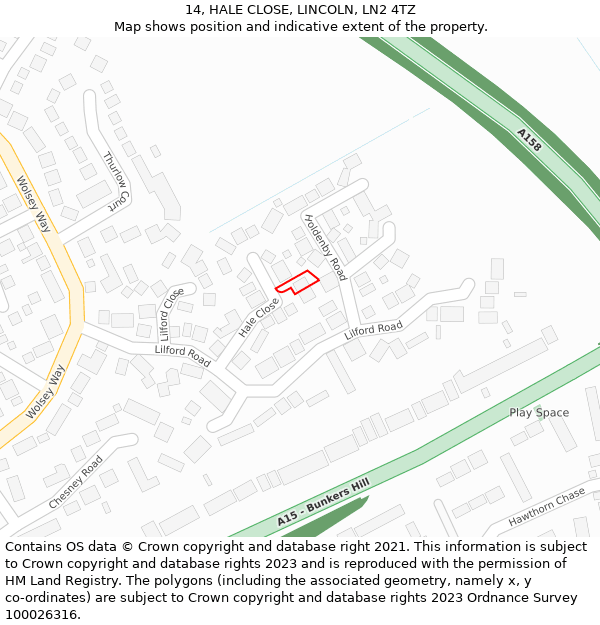 14, HALE CLOSE, LINCOLN, LN2 4TZ: Location map and indicative extent of plot