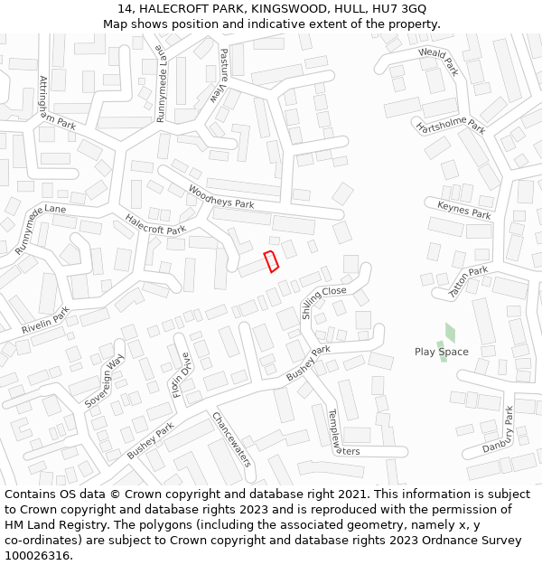 14, HALECROFT PARK, KINGSWOOD, HULL, HU7 3GQ: Location map and indicative extent of plot