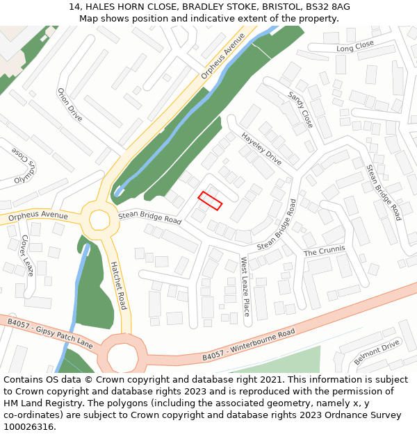 14, HALES HORN CLOSE, BRADLEY STOKE, BRISTOL, BS32 8AG: Location map and indicative extent of plot