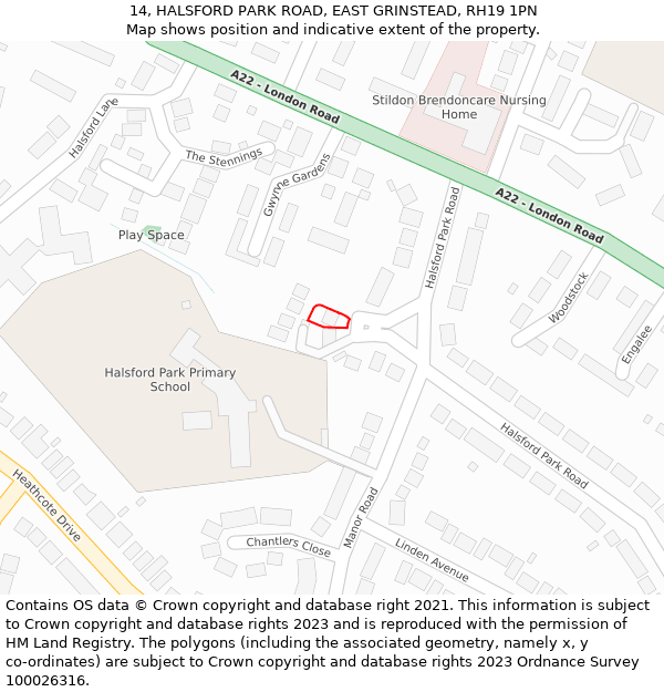 14, HALSFORD PARK ROAD, EAST GRINSTEAD, RH19 1PN: Location map and indicative extent of plot