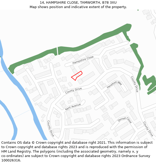 14, HAMPSHIRE CLOSE, TAMWORTH, B78 3XU: Location map and indicative extent of plot