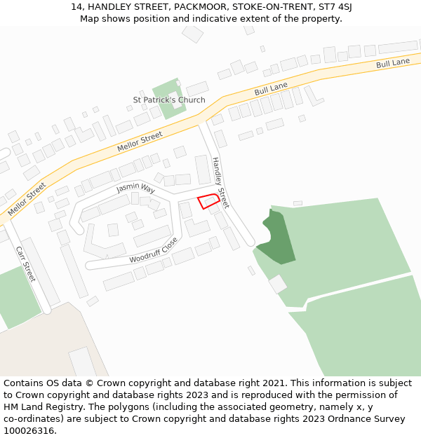 14, HANDLEY STREET, PACKMOOR, STOKE-ON-TRENT, ST7 4SJ: Location map and indicative extent of plot