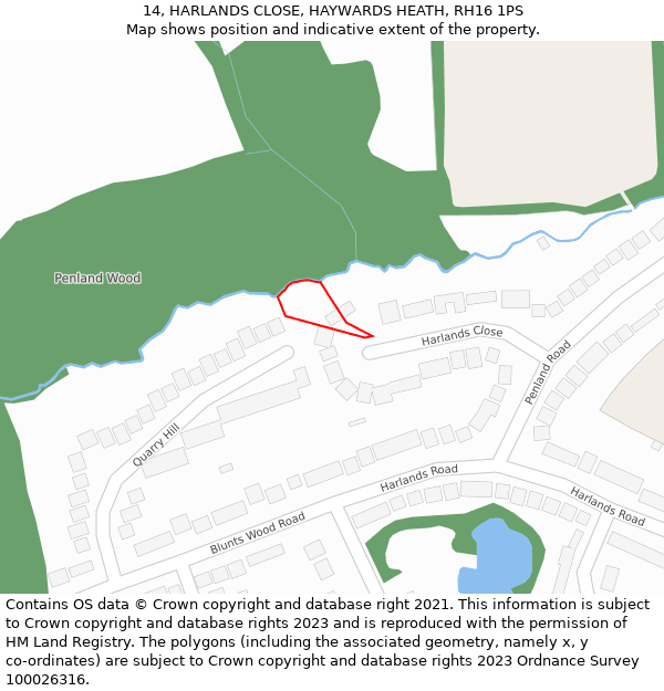 14, HARLANDS CLOSE, HAYWARDS HEATH, RH16 1PS: Location map and indicative extent of plot