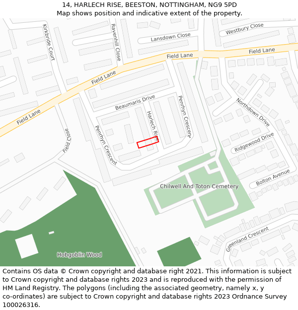 14, HARLECH RISE, BEESTON, NOTTINGHAM, NG9 5PD: Location map and indicative extent of plot