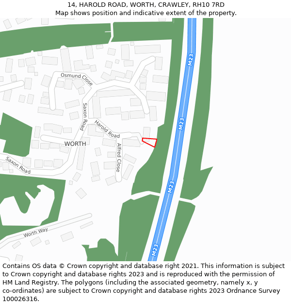 14, HAROLD ROAD, WORTH, CRAWLEY, RH10 7RD: Location map and indicative extent of plot