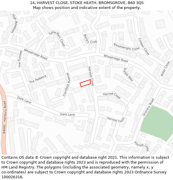 14, HARVEST CLOSE, STOKE HEATH, BROMSGROVE, B60 3QS: Location map and indicative extent of plot