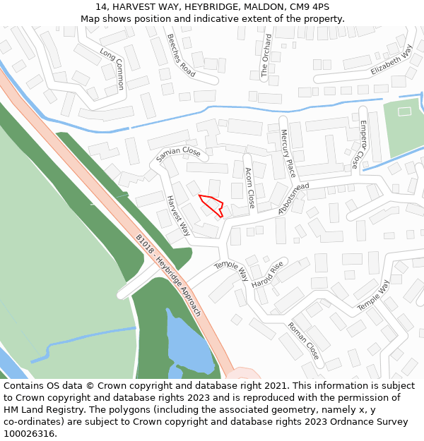 14, HARVEST WAY, HEYBRIDGE, MALDON, CM9 4PS: Location map and indicative extent of plot