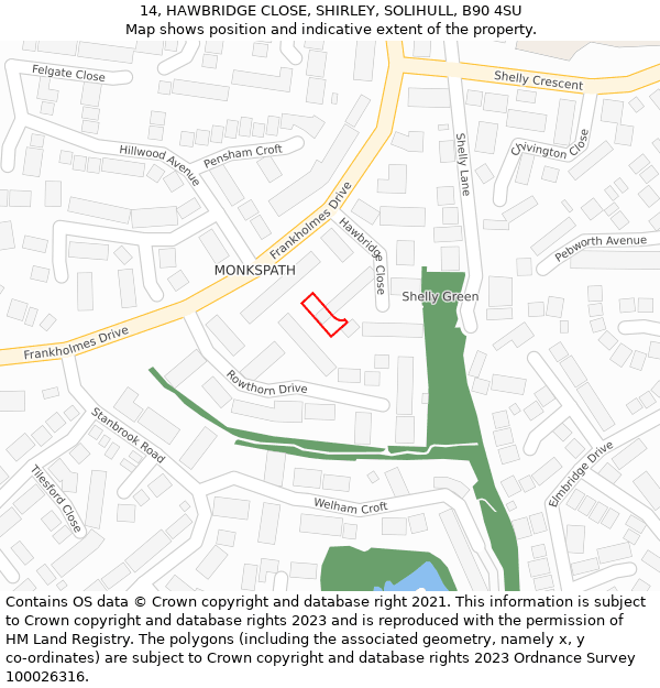 14, HAWBRIDGE CLOSE, SHIRLEY, SOLIHULL, B90 4SU: Location map and indicative extent of plot