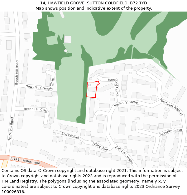 14, HAWFIELD GROVE, SUTTON COLDFIELD, B72 1YD: Location map and indicative extent of plot
