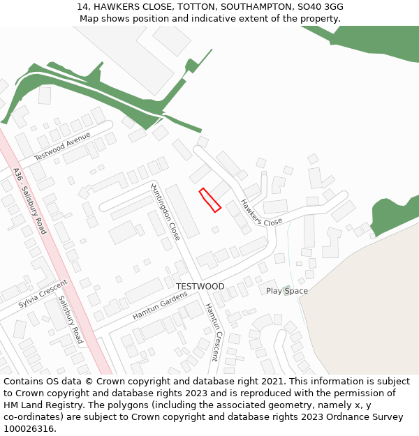 14, HAWKERS CLOSE, TOTTON, SOUTHAMPTON, SO40 3GG: Location map and indicative extent of plot