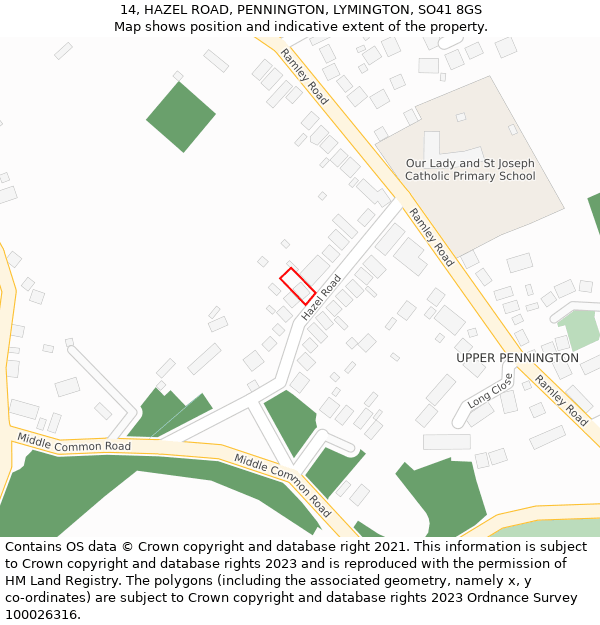 14, HAZEL ROAD, PENNINGTON, LYMINGTON, SO41 8GS: Location map and indicative extent of plot