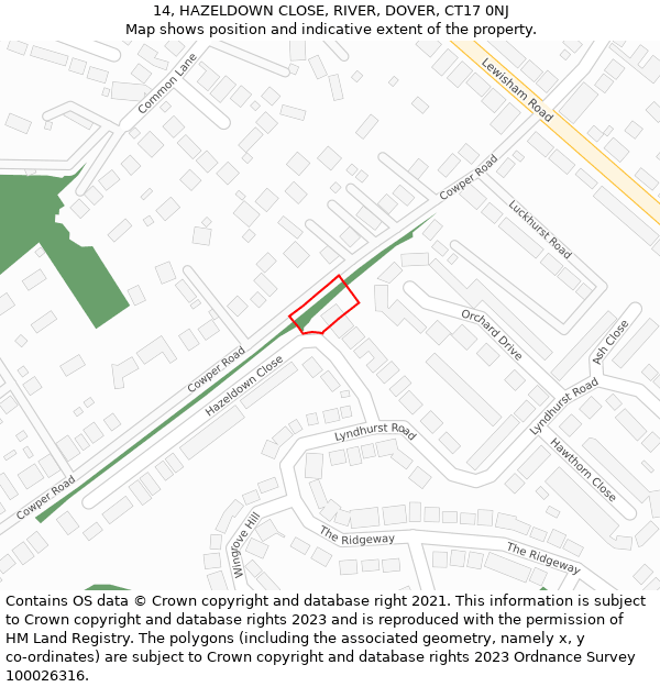 14, HAZELDOWN CLOSE, RIVER, DOVER, CT17 0NJ: Location map and indicative extent of plot