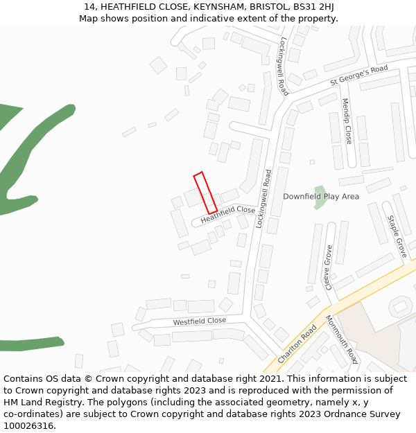 14, HEATHFIELD CLOSE, KEYNSHAM, BRISTOL, BS31 2HJ: Location map and indicative extent of plot