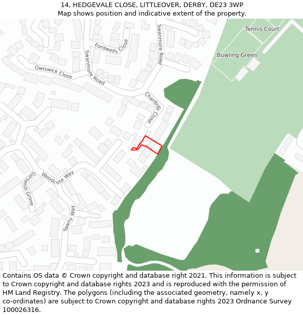 14, HEDGEVALE CLOSE, LITTLEOVER, DERBY, DE23 3WP: Location map and indicative extent of plot