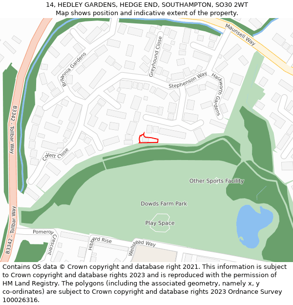 14, HEDLEY GARDENS, HEDGE END, SOUTHAMPTON, SO30 2WT: Location map and indicative extent of plot