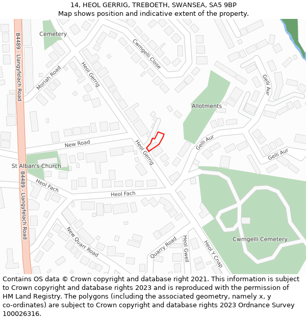 14, HEOL GERRIG, TREBOETH, SWANSEA, SA5 9BP: Location map and indicative extent of plot