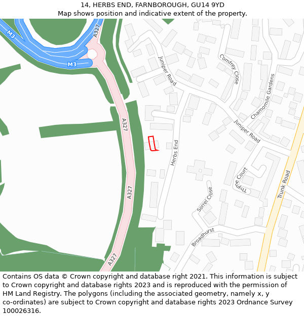 14, HERBS END, FARNBOROUGH, GU14 9YD: Location map and indicative extent of plot