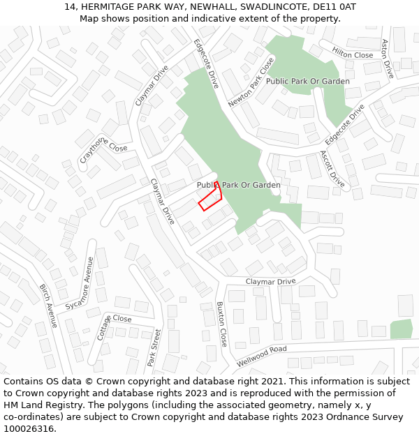 14, HERMITAGE PARK WAY, NEWHALL, SWADLINCOTE, DE11 0AT: Location map and indicative extent of plot