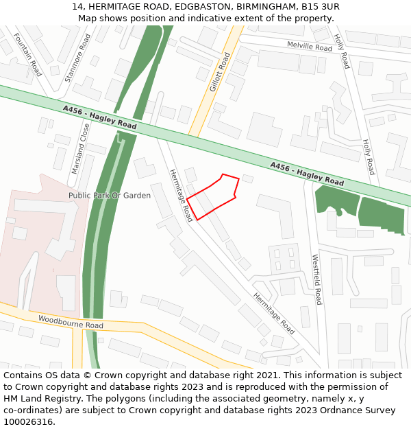 14, HERMITAGE ROAD, EDGBASTON, BIRMINGHAM, B15 3UR: Location map and indicative extent of plot
