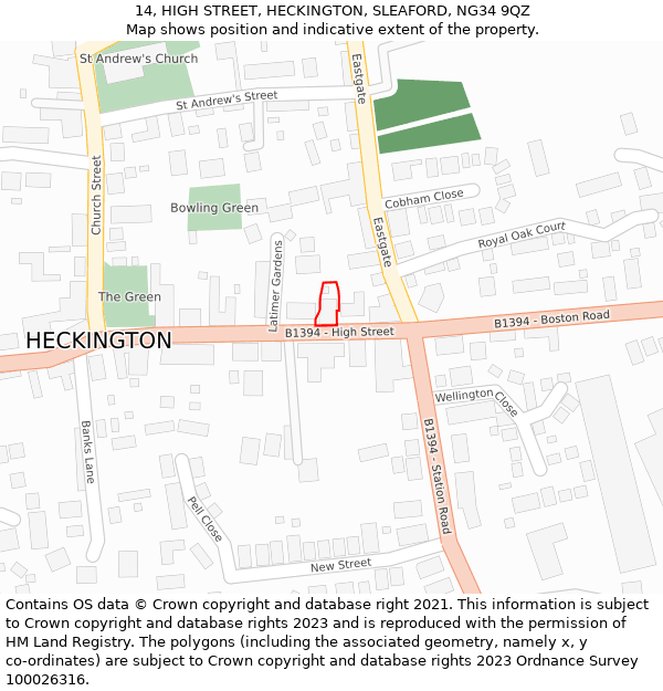 14, HIGH STREET, HECKINGTON, SLEAFORD, NG34 9QZ: Location map and indicative extent of plot