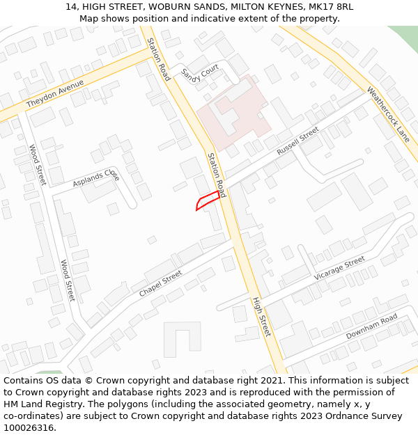 14, HIGH STREET, WOBURN SANDS, MILTON KEYNES, MK17 8RL: Location map and indicative extent of plot