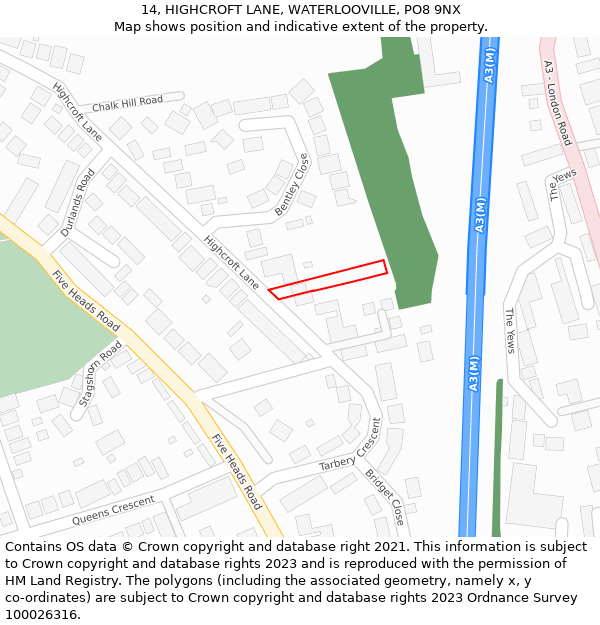 14, HIGHCROFT LANE, WATERLOOVILLE, PO8 9NX: Location map and indicative extent of plot