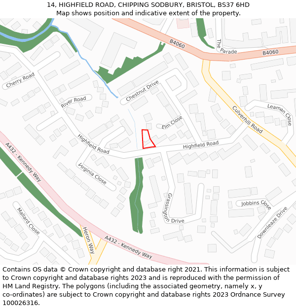 14, HIGHFIELD ROAD, CHIPPING SODBURY, BRISTOL, BS37 6HD: Location map and indicative extent of plot