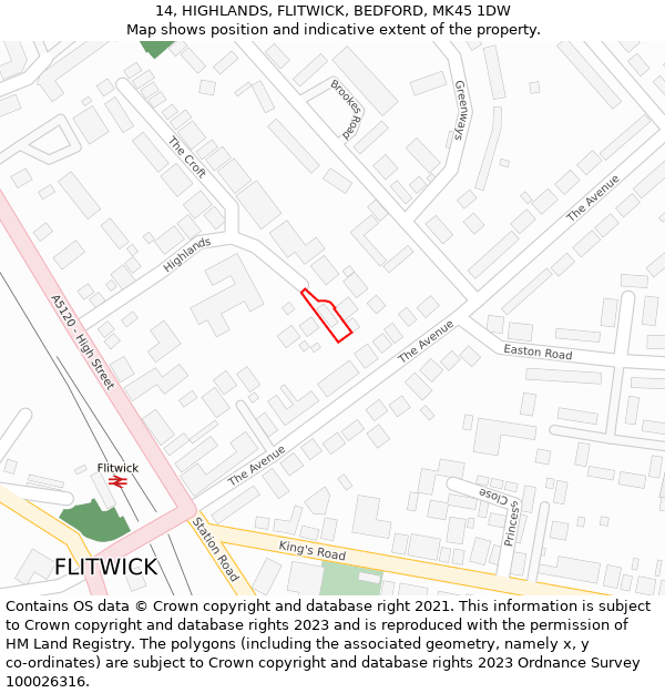 14, HIGHLANDS, FLITWICK, BEDFORD, MK45 1DW: Location map and indicative extent of plot