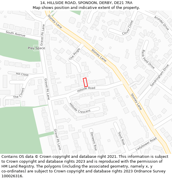 14, HILLSIDE ROAD, SPONDON, DERBY, DE21 7RA: Location map and indicative extent of plot